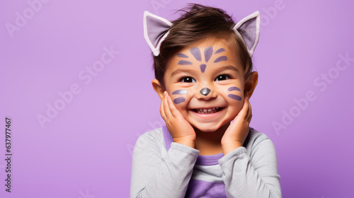 Little girl with her face painted as a cat smiling on a purple background.