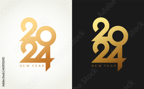 2024 Happy New Year gold logo text design on black background and white background