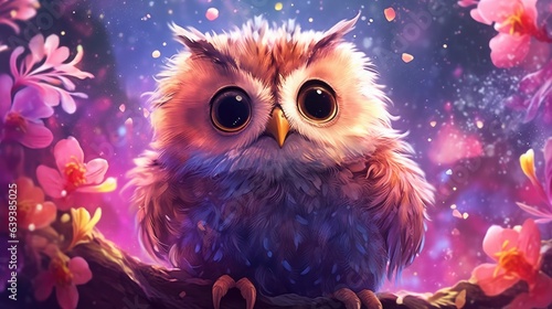 Vibrant and colorful illustration of a cute owl in its natural surroundings