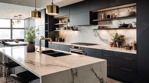 A contemporary, chic kitchen featuring stylish black and white cabinets, golden fixtures, and marble tiles.