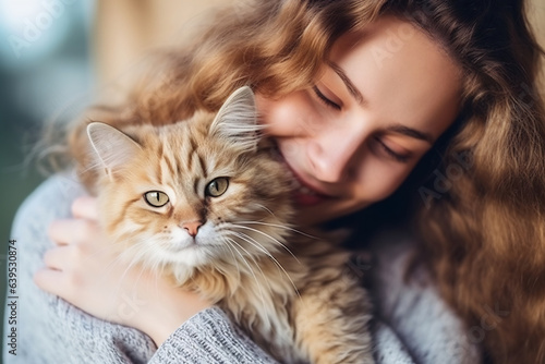 Portrait of people hugging cat pet concept