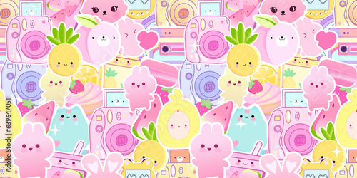 Sticker style wallpaper, inspiration cute inspiration kawaii print, seamless pattern vector tee