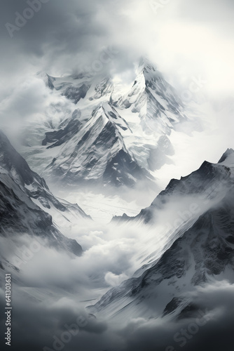 A stunning abstract monochrome mountain landscape with a decorative artistic black and white style 