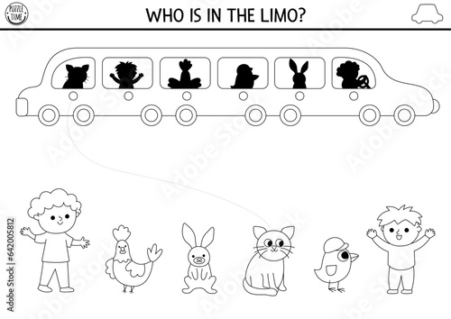 Transportation black and white shadow matching activity. Transport line puzzle with limousine car, passengers. Find correct silhouette printable worksheet. Funny coloring page for kids.