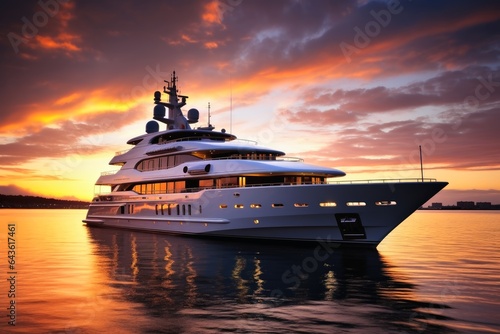 A luxury yacht in the harbor at dusk.