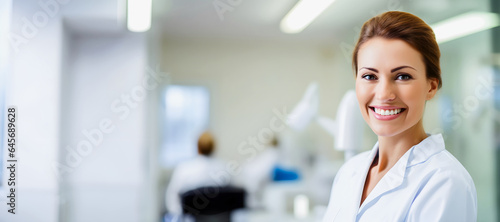 Portrait of a smiling female dentist in a dental office. Dentistry concept. Banner with Copy space.