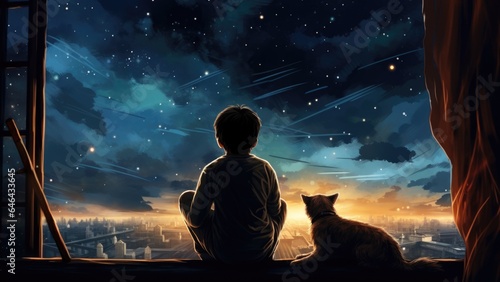 A boy sitting on a window sill looking at a cat