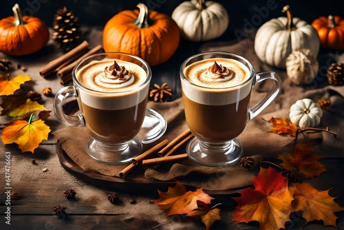 Pumpkin spiced latte or coffee in a glass on a vintage table. Autumn or winter drink