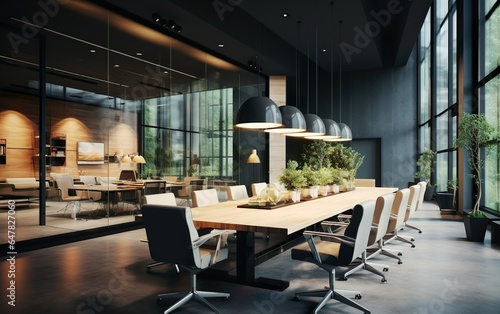 Modern eco style meeting conference room with big wooden table, chairs around, wall panoramic windows with city view. For business presentation background, wallpaper