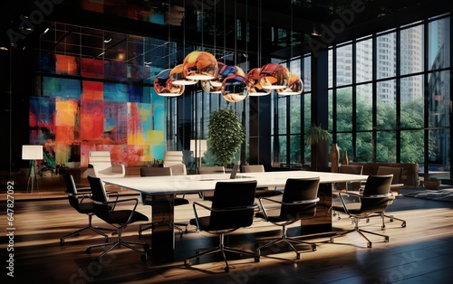 Bright Modern style meeting conference room with big wooden table, white around, parquet and wall panoramic windows with city view. For business presentation background, wallpaper