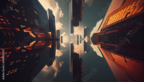 Bottom up view of big modern city urban landscape and Reflective skyscraper in buildings, background, Ai generated image