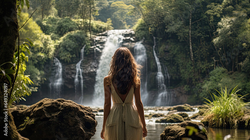 a young woman with long hair looks at a waterfall