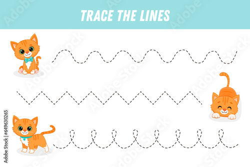 Tracing lines for kids. Cute cartoon orange cat. Ginger kitten. Handwriting practice. Educational game for preschool kids. Activity page.