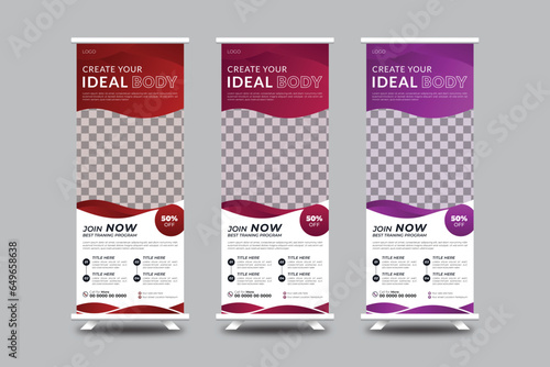 Build your body strong Fitness gym business standee rollup banner design with three variant vector template
