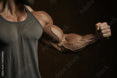 Determined Trainer biceps gym. Fitness arm. Generate Ai