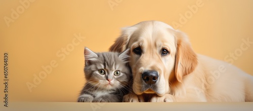 Golden retriever puppy embracing British cat alone on isolated pastel background Copy space