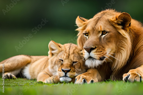 mother and child lion animals together
