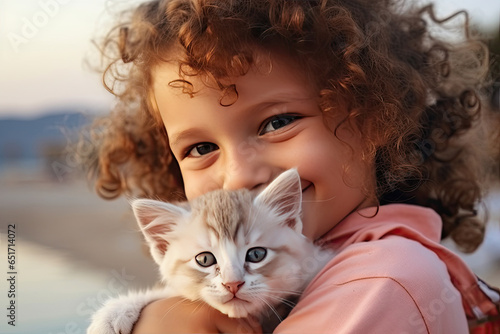 A sweet portrait of a young girl and her adorable kitten, showcasing their deep love and friendship in nature.