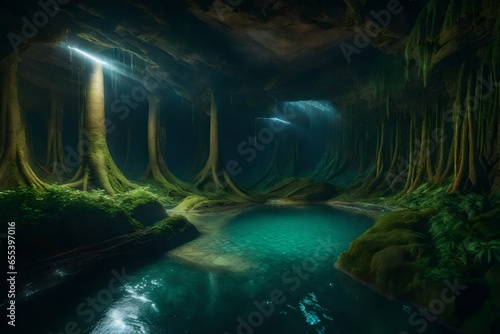 hyper realism artstyle, underground forest with water elements, bright lights and souls everywhere - AI Generative