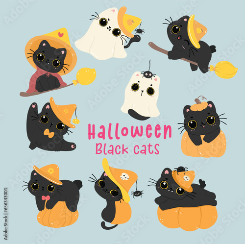Cute Witch Black Cat Halloween Cartoon Character Set.