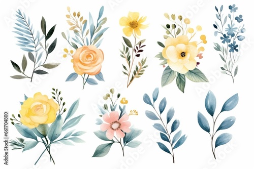 Generative AI : Watercolor floral bouquet illustration pink blue yellow flower green leaf leaves 