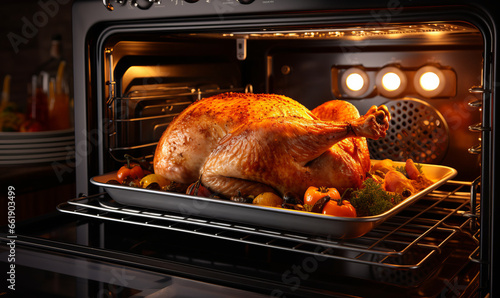 Christmas or Thanksgiving festive turkey cooking in an oven