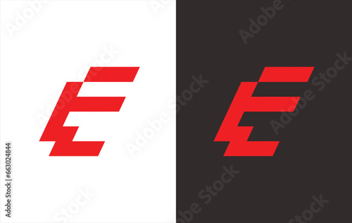 monogram logo letter "E" in red. black and white background.