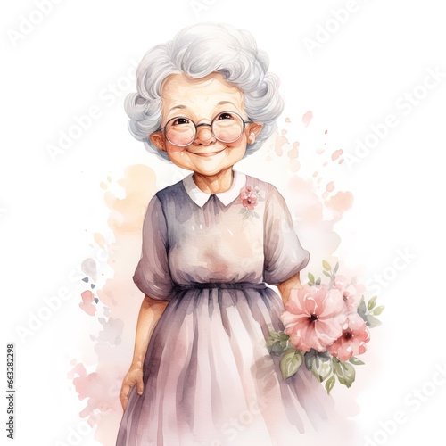 watercolor illustration of pretty elderly woman with bouquet of pink flowers