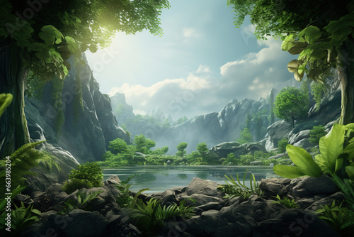 Rainforest illustration: Wild jungle where sunlight meets the shimmering lake. Trees frame the scene, and a distant waterfall cascades down. View from outside the forest.