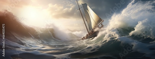 a yacht surging through the waves, wind billowing its sails, as the crew embarks on an exhilarating ocean adventure in a remote and pristine setting.