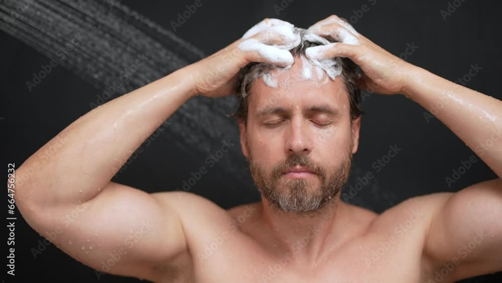 Vid O Stock Sexy Man Washing Hair In Bathroom Guy Bathing Shower Head