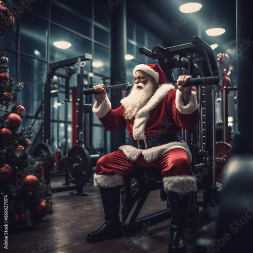 Photography Big muscular Santa Claus is Lift weights and exercise in preparation for sending gifts on Christmas Day.generative ai