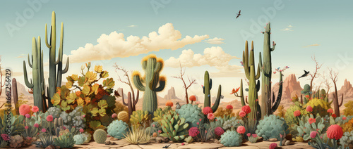 Kaktusy i pustynne kwiaty na pustyni. 