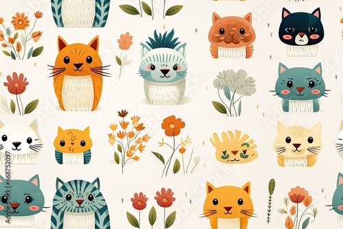 seamless pattern with cute cartoon cats illustrations,a simple design for baby room decor and nursery decoration.cartoon animas illustrations for nursery pattern.
