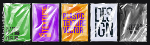 Plastic wrap texture collection, transparent stretched film polyethylene. vector design element graphic rumpled plastic warp. Realistic mockup poster vector set background illustration