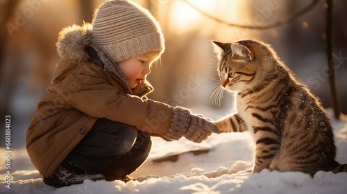 Little boy petting a cat in the snow on a sunny winter day. Animal love. Image generated with AI