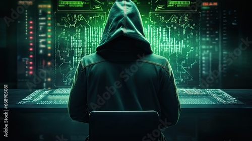 Hacking and malware concept. Hacker using binary code digital interface. Shot from the Back to Hooded Hacker Breaking into Corporate Data Servers from His Underground Hideout. Generative AI