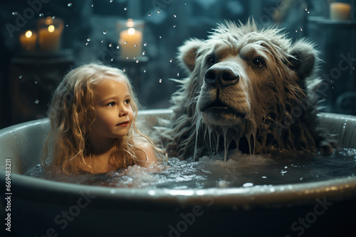 Picture of a little child in a bathtub Playing in the water with his pets