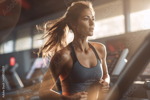 Portrait of young personal trainer, woman working out at gym, running on treadmill and doing fitness exercises. healthy concept sunset light