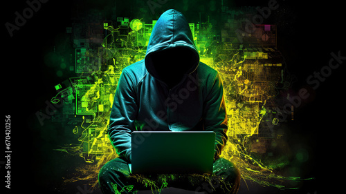 hacker front of his computer committing digital cybercrime