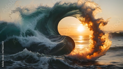a yin - yang painting with waves and a sun in the background, Ai ganerated image