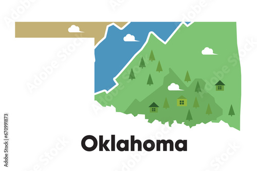 Oklahoma map shape United states America green forest hand drawn cartoon style with trees travel terrain