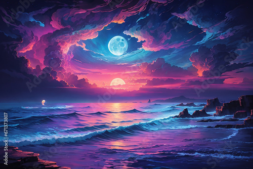 A memorizing masterpiece of neon light on the sea with two moons