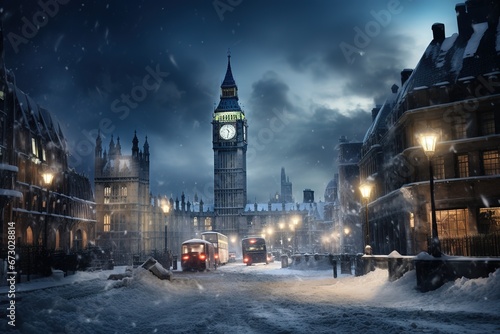 London, United Kingdom. Big Ben and Parliament Building during winter bilzzard storm, abstract image.
