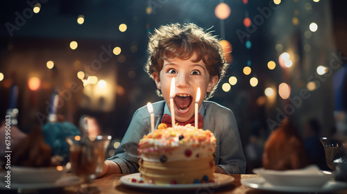 cute curly kid have birthday party and making a wish with birthday cake, small boy blowing candles 