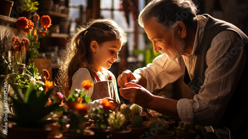 Digital photo a cute child with her grandparent take a care of indoor plants in a home greenhouse