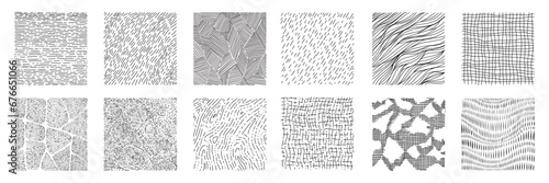 Hand drawn hatching line texture set. Crosshatch, wood, rain, stippling. Freehand stroke doodle shape. Pencil draw vector illustration.	
