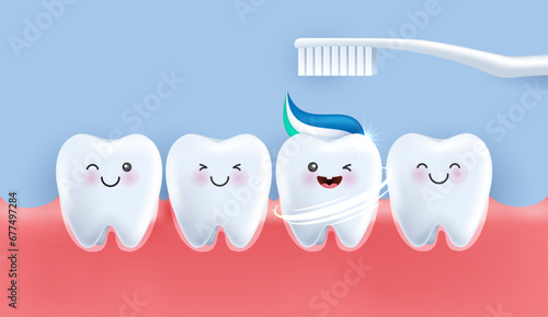 Teeth is happy brush your teeth with toothpaste. teeth suitable for children dental clinic. teeth character for kids. cute dentist mascot for medical apps, websites and hospital. vector design.