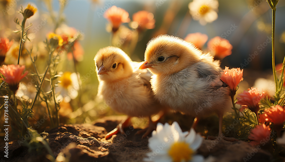 Cute Baby Chicken Hatching In The Green Meadow Generated By Ai Stock