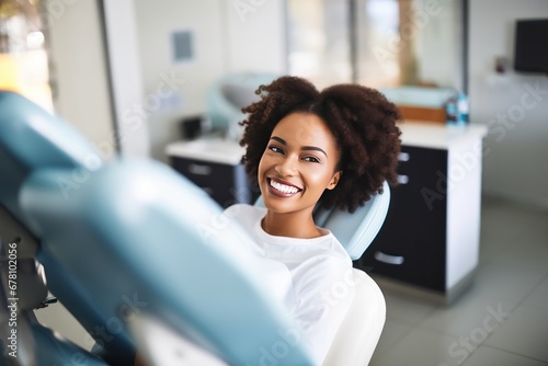 Close-up photo of a smiling African American woman sitting in a chair in a dental office. She is waiting for the dentist for an oral procedure. Teeth whitening concept.